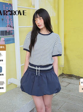 GROVE官方旗舰店2025BS夏季款女条纹短袖复古撞色t恤BM5TS04M