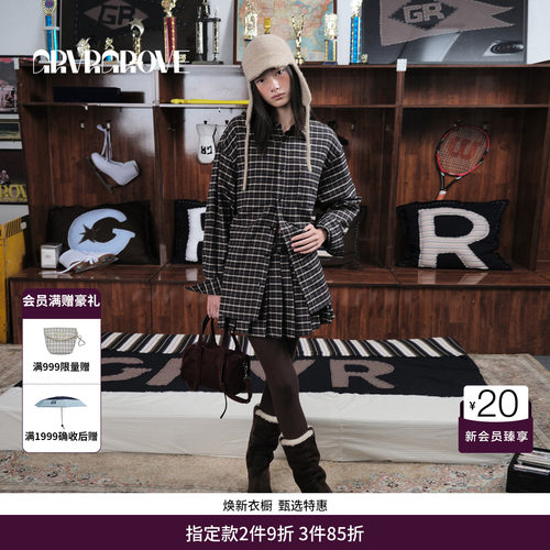 GRVR GROVE官方旗舰店 WT冬季款梭织百褶半裙格纹短裙女GCW5SK03