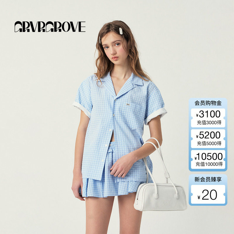 GROVE官方旗舰店2025SS春夏新款女士格纹翻领短袖衬衫GS5SH08M