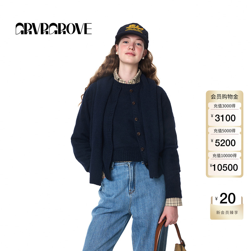 GROVE官方旗舰店女士秋季新款基础短袖针织衫纯色套头衫