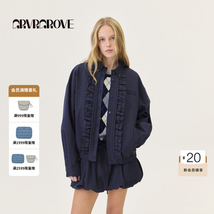 GROVE官方旗舰店2026PS春季新款格纹衬衫外套花边装饰 GP26JKC61