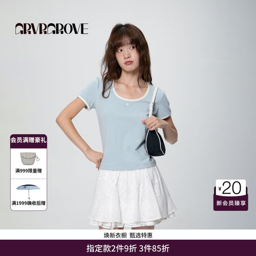 GRVR GROVE官方旗舰店撞色大圆领修身短袖t恤GCM5TS07