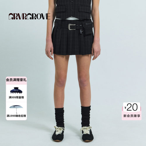 GROVE官方旗舰店2026SS春夏新款双袢百褶格纹短裙韩系女GS26SKC04