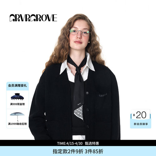 GROVE官方旗舰店女士秋季长袖logo字母刺绣毛织开衫外套 GF4CD02M