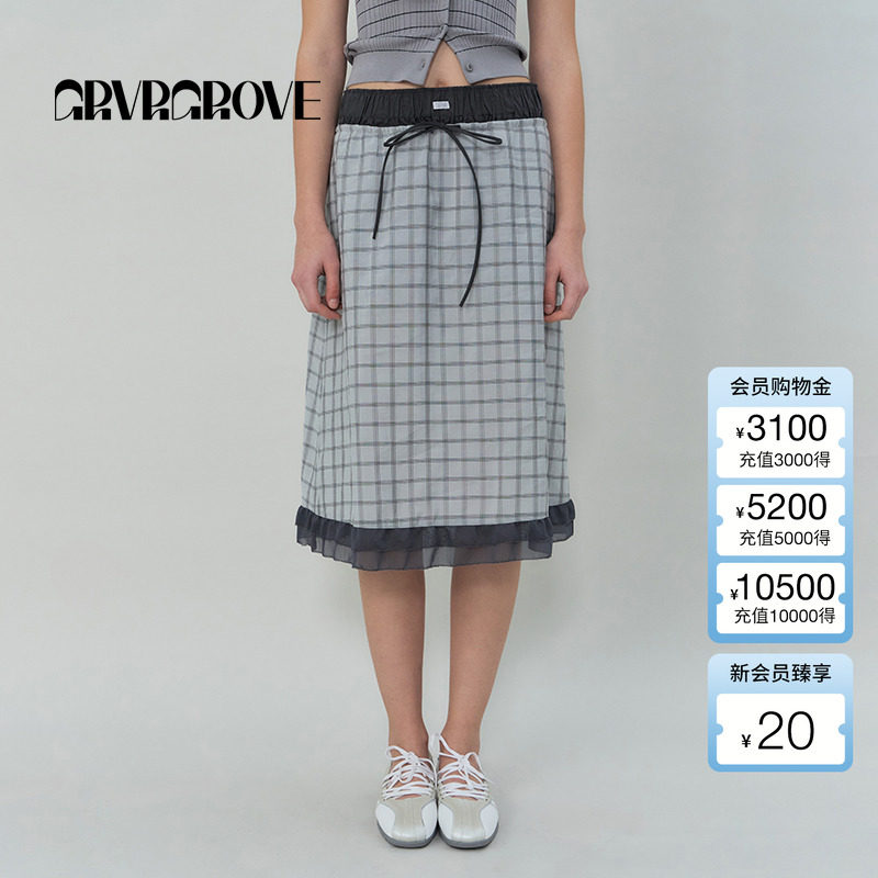 GROVE官方旗舰店2025SS春夏新款女士暗格纹梭织长半裙 GS5SK08M