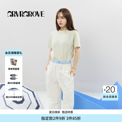 GROVE官方旗舰店女士SS春夏款条纹圆领短袖T恤 GCM5TS01
