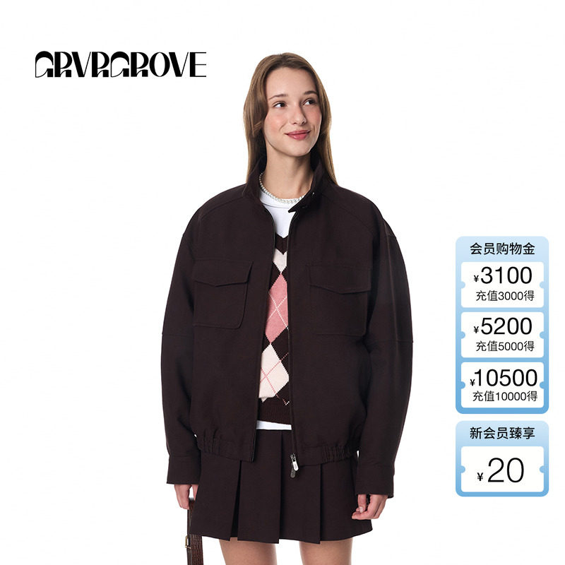 GROVE官方旗舰店女士秋季新款复古老钱风夹克梭织短款外套女装