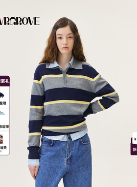 GRVR GROVE官方旗舰店26PS春季长袖针织衫韩系撞色翻领GP26KNE09