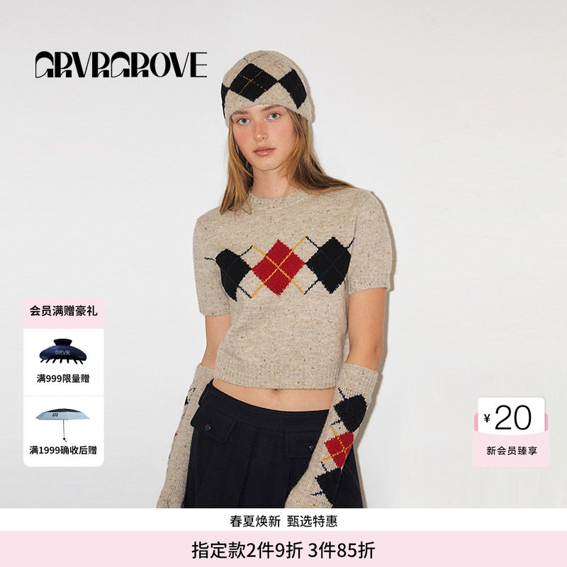 GROVE官方旗舰店冬日限定圆领撞色针织短袖格纹复古慵懒毛衣女