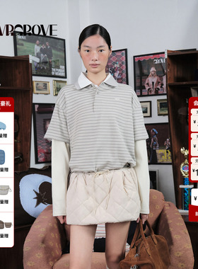 【博主同款】GROVE 2025WT冬季新款假两件长袖T恤条纹女GCW5TS05