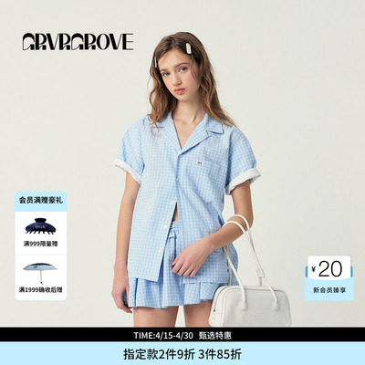 GROVE官方旗舰店SS春夏款女士格纹翻领短袖衬衫GS5SH08M