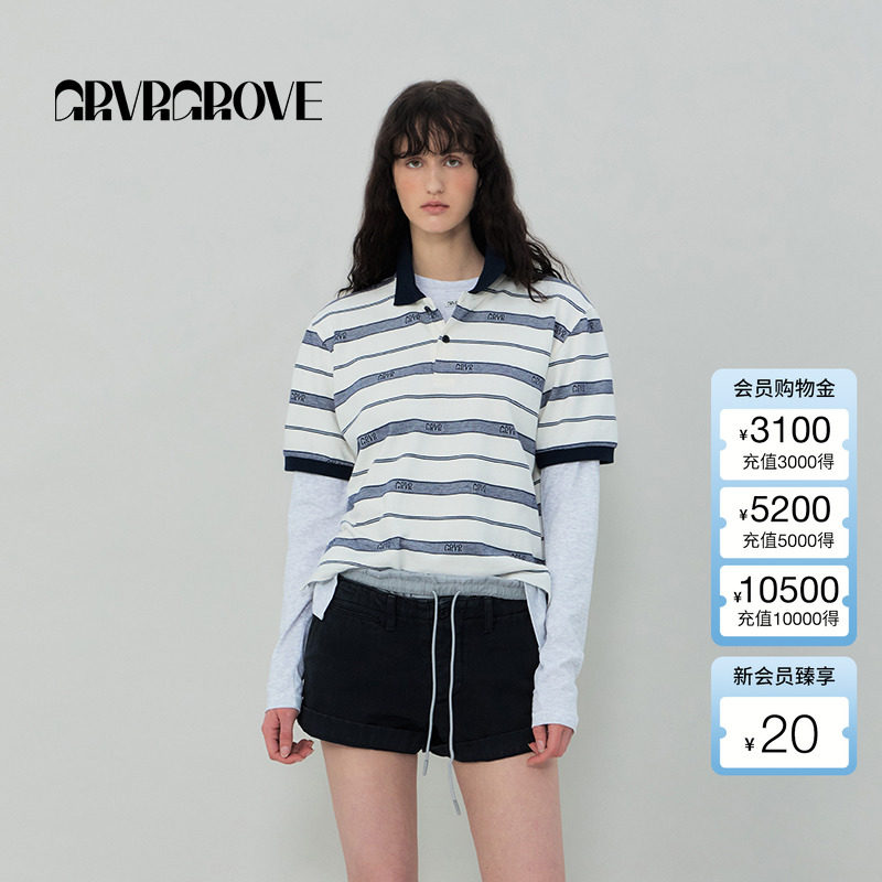 【博主同款】GROVE2025SS春夏新款女士条纹短袖polo衫t恤GR5TS03C