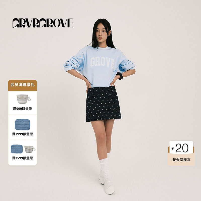 GROVE官方旗舰店女士春季款印花迷你A字半身短裙