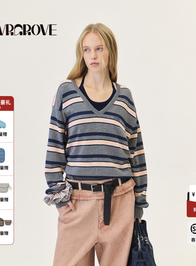GROVE官方旗舰店2026PS春季新款长袖针织衫撞色鸡心领 GP26KNE08