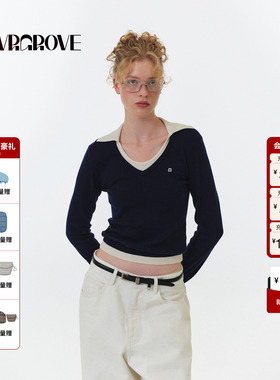 GROVE官方旗舰店 2025FW秋季新款假两件撞色毛织长袖女款GF5KN05C