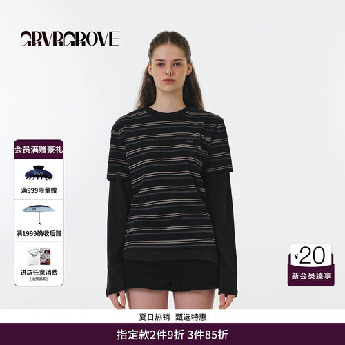 GRVR GROVE官方旗舰店 FW秋季款圆领短袖T恤条纹撞色女 GF5TS01C