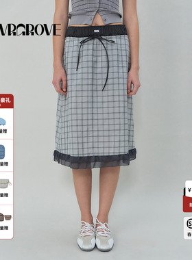 GROVE官方旗舰店2025SS春夏款女士暗格纹梭织长半裙 GS5SK08M