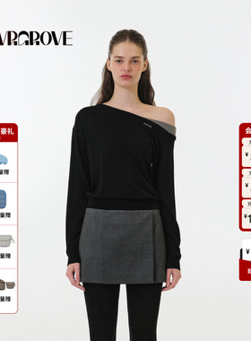 【博主同款】GROVE2025FW秋季新款长袖斜肩套头针织衫女 GF5KN04C