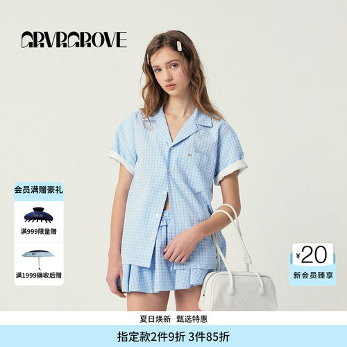 GROVE官方旗舰店SS春夏款女士格纹翻领短袖衬衫GS5SH08M