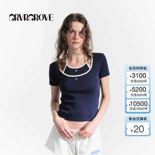 t恤 短袖 GM5TS03M 撞色大圆领修身 GROVE官方旗舰店2025HS夏日新款