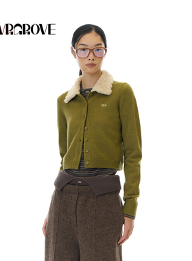 GROVE官方旗舰店 2025WT冬季新款毛织翻领排扣开衫女外套GCW5KN14