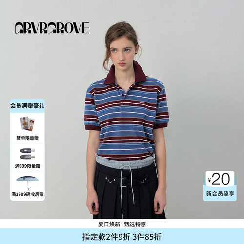 GROVE官方旗舰店春夏款条纹短袖polo衫宽松上衣女GS5TS31M