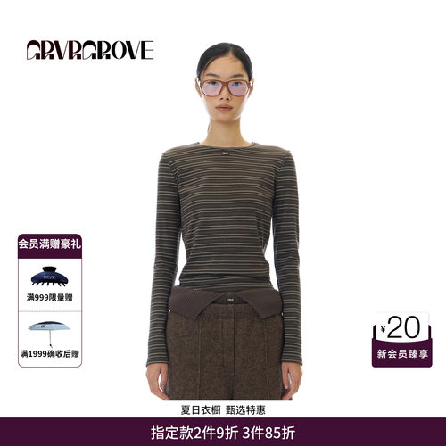 GRVR GROVE官方旗舰店 2025WT冬季款长袖圆领T恤条纹女 GCW5TS02