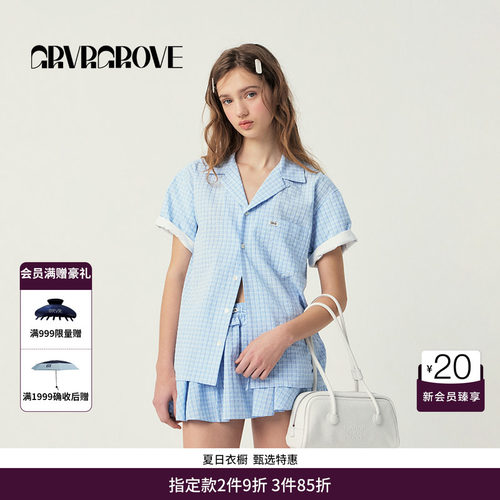 GRVR GROVE官方旗舰店SS春夏款女士格纹翻领短袖衬衫GS5SH08M