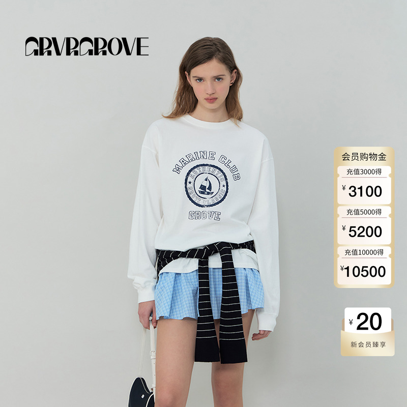 GROVE官方旗舰店2025SS春夏新款女士圆领长袖T恤GS5SW52M