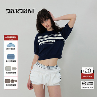 GROVE官方旗舰店2025SS春夏款条纹GRVR针织短袖女t恤 GS5KN15J