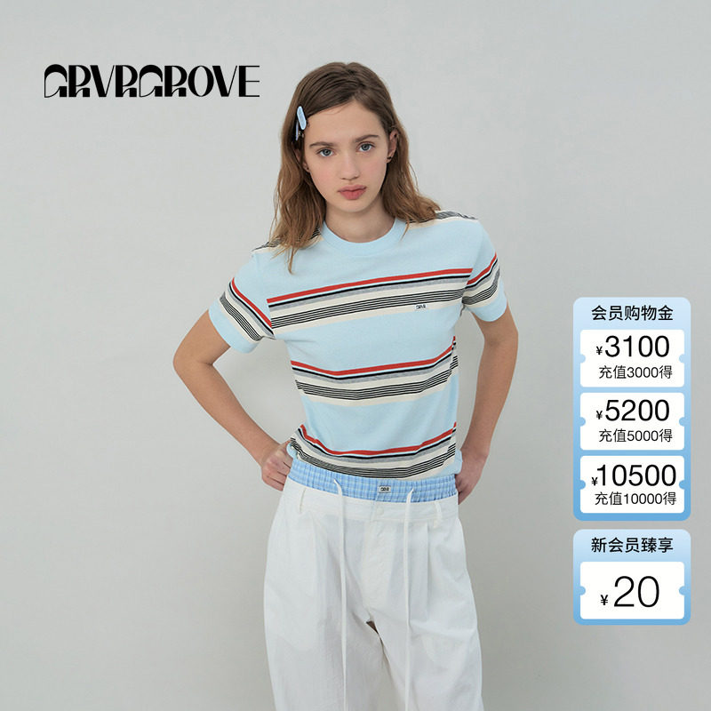 GROVE官方旗舰店2025SS春夏新款女士条纹圆领短袖t恤GS5TS28M