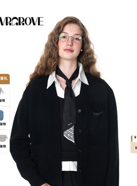 GROVE官方旗舰店女士秋季长袖logo字母刺绣毛织开衫外套 GF4CD02M