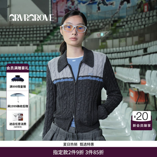 GRVR GROVE官方旗舰店 WT冬季款拼色短款毛衣开衫撞色女GCW5KN06