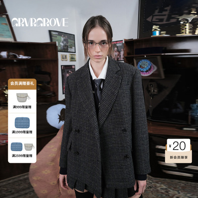 GROVE官方旗舰店 WT冬季款格纹西装外套女韩系宽松廓形 GCW5JK01