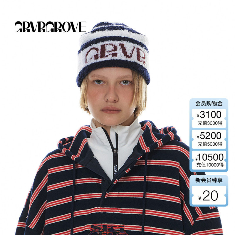 GROVE官方旗舰店女冬新款条纹字母LOGO毛织帽保暖复古撞色针织帽