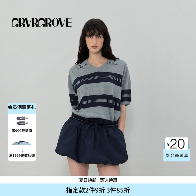 GROVE官方旗舰店SS春夏款女条纹针织短袖宽松舒适GR5KN02C