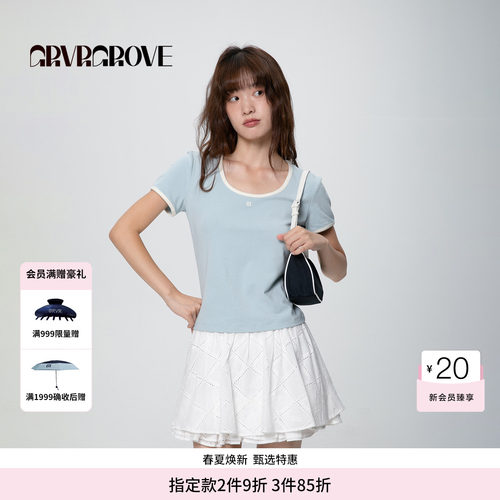 【博主同款】GROVE春夏款女撞色大圆领修身短袖t恤GCM5TS07