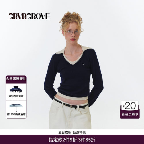 GRVR GROVE官方旗舰店FW秋季款假两件撞色毛织长袖女款GF5KN05C