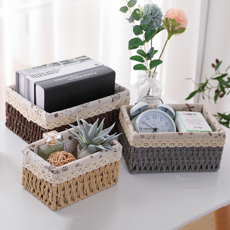热销编织桌面收纳筐化妆品发饰内衣收纳盒箱钥匙杂物客厅藤草编收