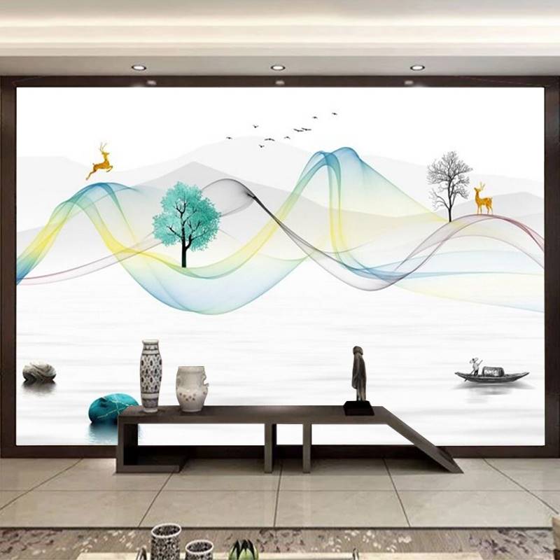 电视背景墙壁纸8d立体线条抽象山水壁纸壁画简约麋鹿装饰影视墙布