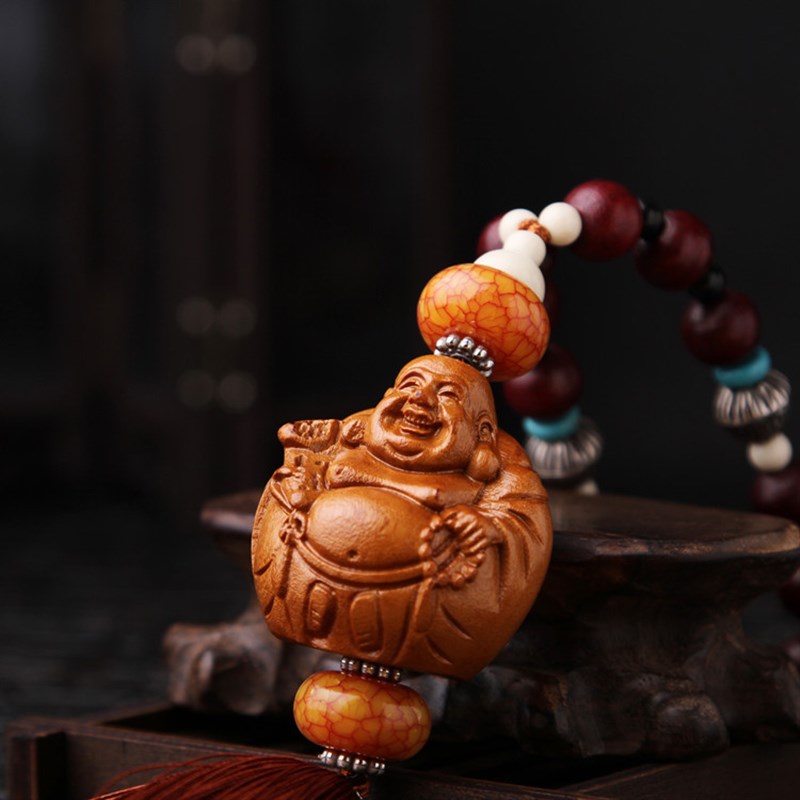 。汽车后照镜挂件汽车挂件笑口弥勒整木桃木汽车内饰用品车饰平安