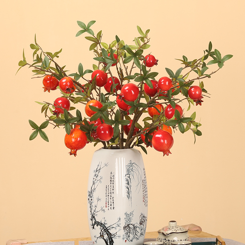 中国风仿真石榴果摆件柿子树枝红浆果发财果假花客厅装饰玄关插花
