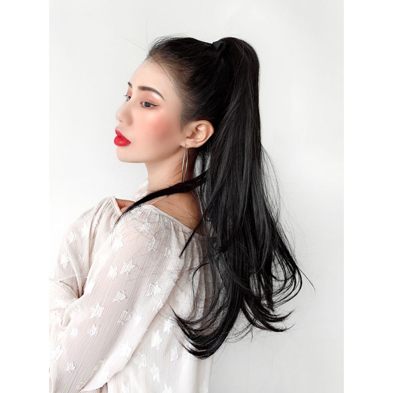 高马尾假发女黑色直发 自然绑带式发尾微卷中长发辫子