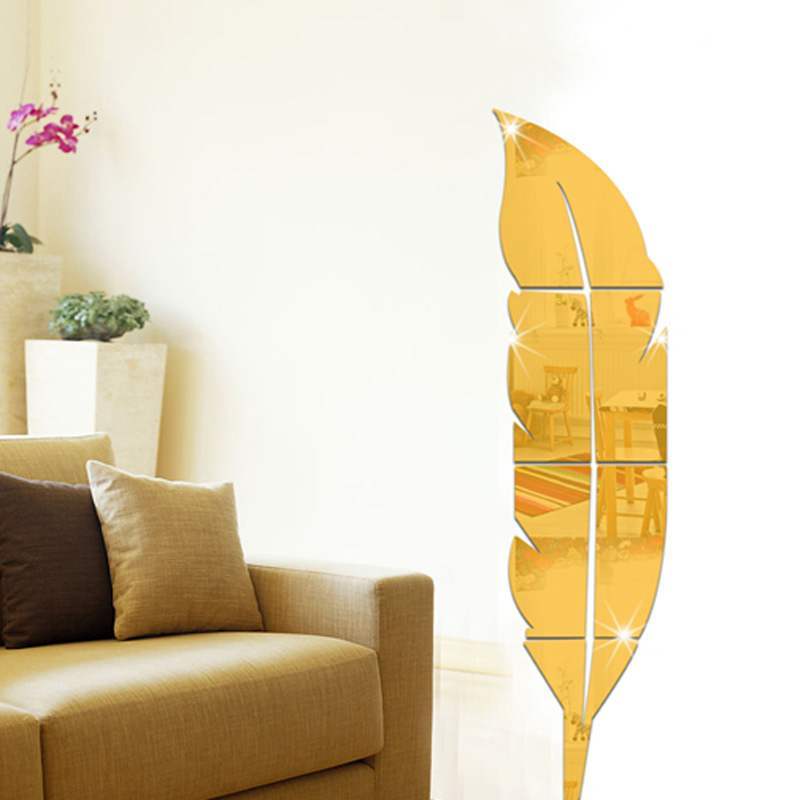 新品New 1PCS DIY Modern Acrylic Cker Feather Mirrow Wall STI