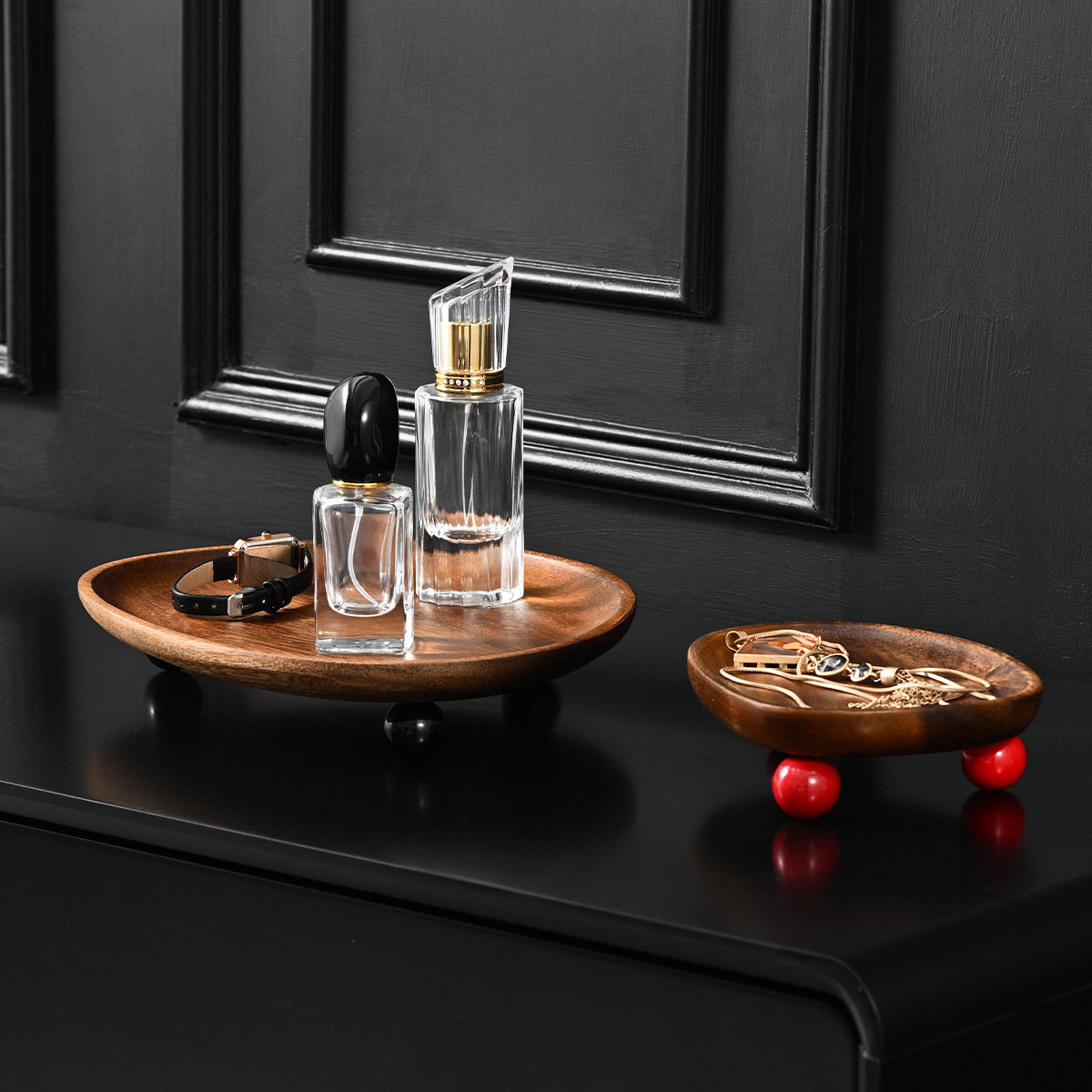 玄关木质钥匙托盘胡桃木色水杯收纳盘子首饰化妆品香水香薰置物架