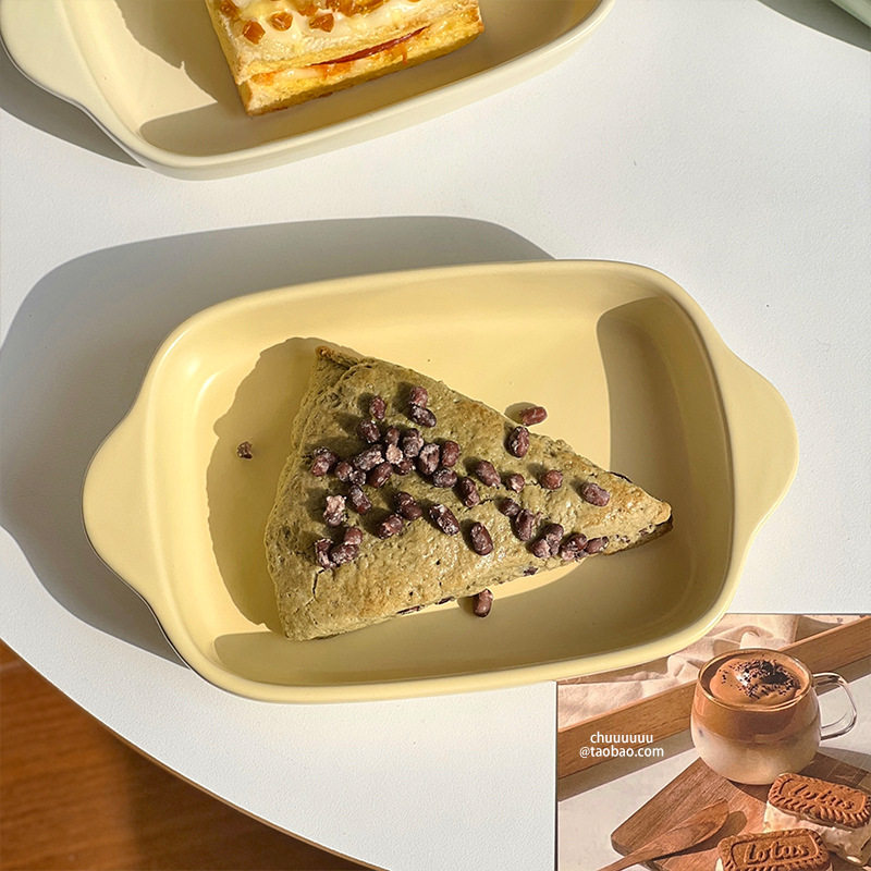 ins风奶油色双耳烤盘陶瓷微波炉烤箱用芝士焗饭盘长方形双耳烤碗