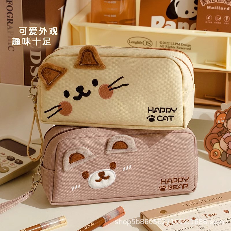 新款可爱刺绣猫咪笔袋大容量高颜值女小学生多功能简约文具铅笔盒