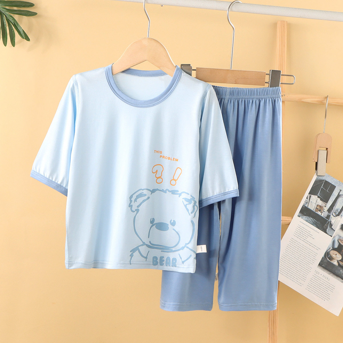 儿童夏季天丝冰韩棉家居服套装宝宝韩版薄款睡衣那男童女童空调服