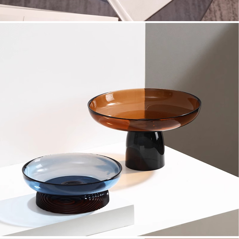 现代轻奢拼色果盘家用水果盘玻璃客厅桌面茶几零食糖果盘高脚托盘