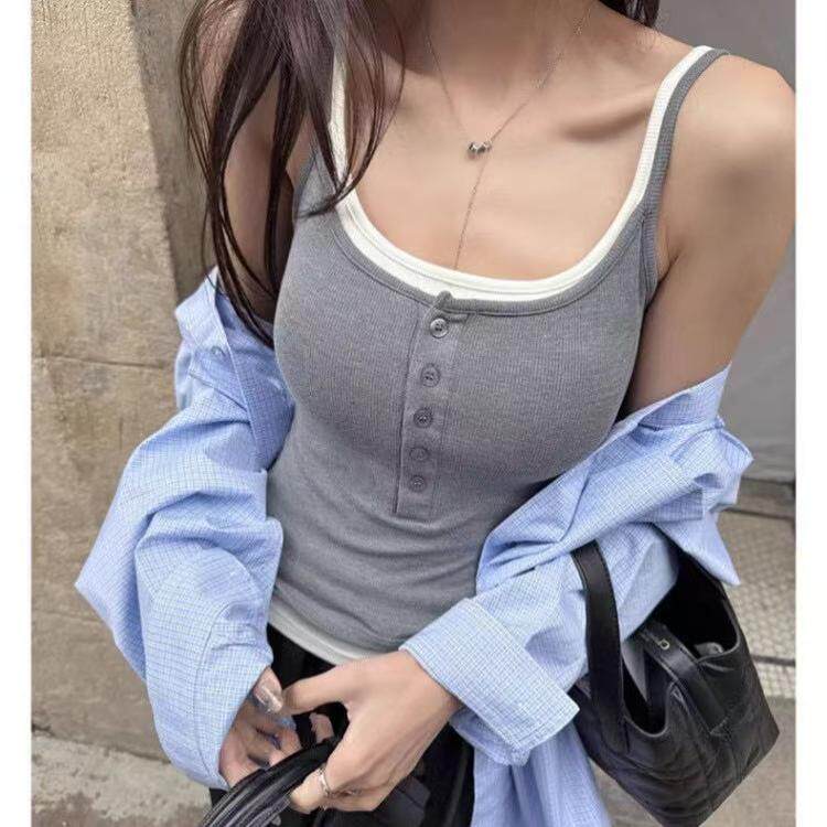 新款拼色假两件纽扣吊带背心夏修身显瘦带胸垫百搭外穿无袖上衣